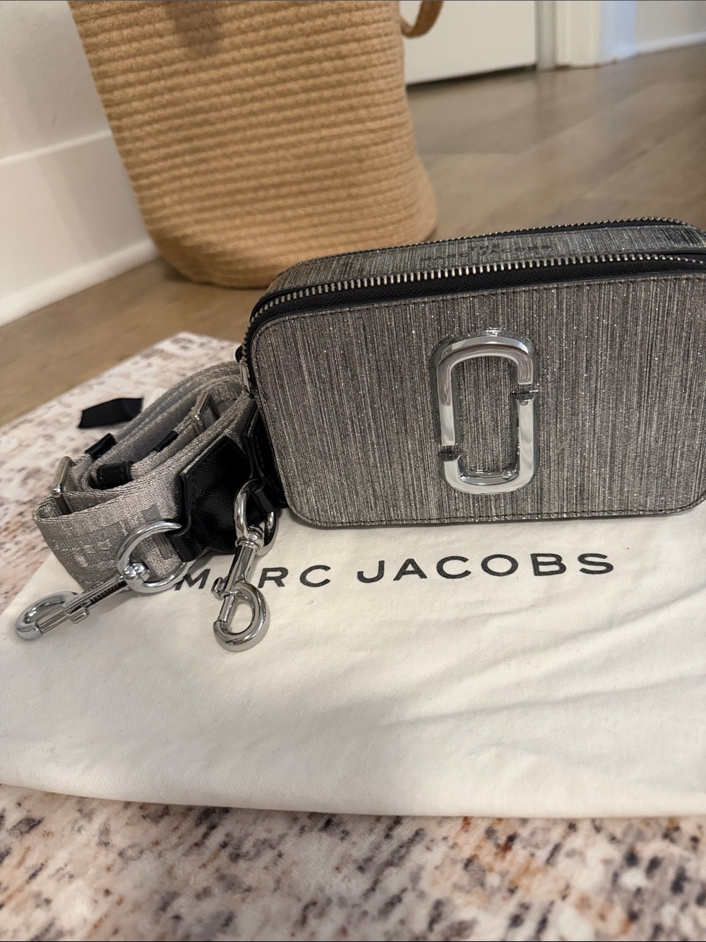 Marc Jacobs Silver Glitter Snapshot Crossbody with Wide Logo Strap